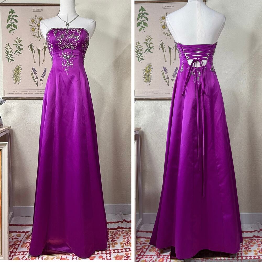 90s Y2k Satin Beaded Corset Lace Up Back Formal Dress Fairy Whimsy Princess XS S
